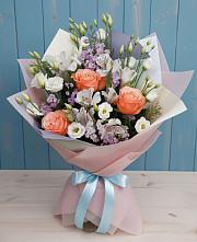 Букет цветов из:  Лизиантусы, Розы, Альстромерии и Гипсофила в Знаменское Одинцовского района