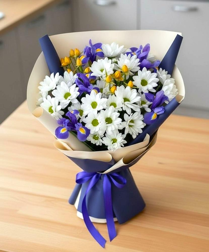 Букет цветов из: Розы, Ирисы и Хризантемы в Знаменское Одинцовского района
