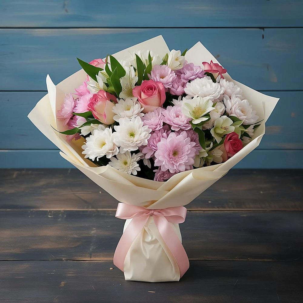 Букет цветов из: Хризантемы, Альстромерии и Розы в Знаменское Одинцовского района